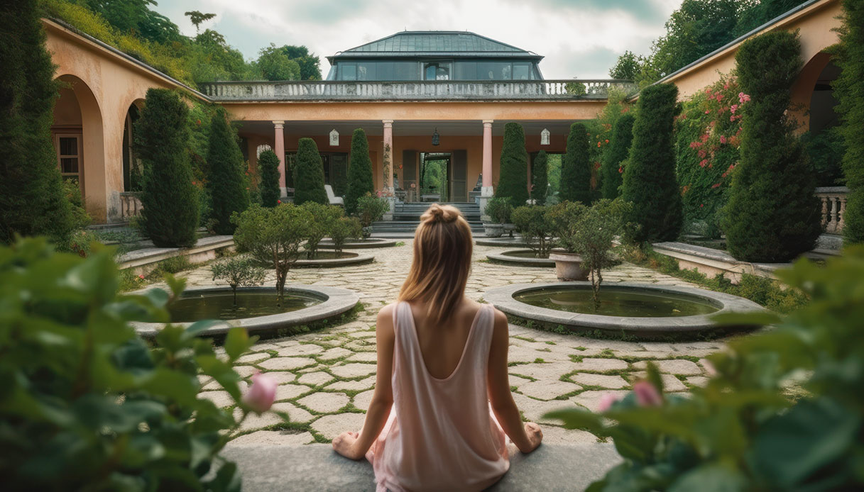 Méditation, si nous choisissons un beau jardin, nous luttons sur l'anxiété et aidons la psyché